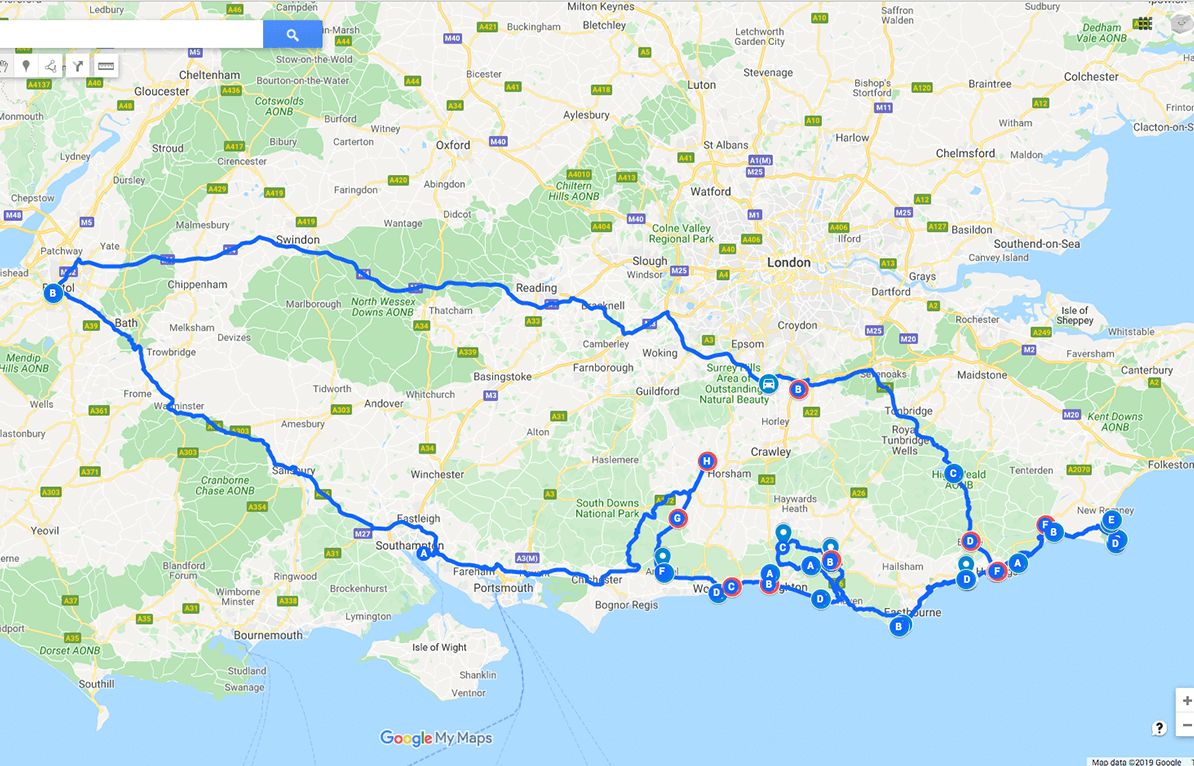 A map view of the places I went to during my holiday along the english south coast